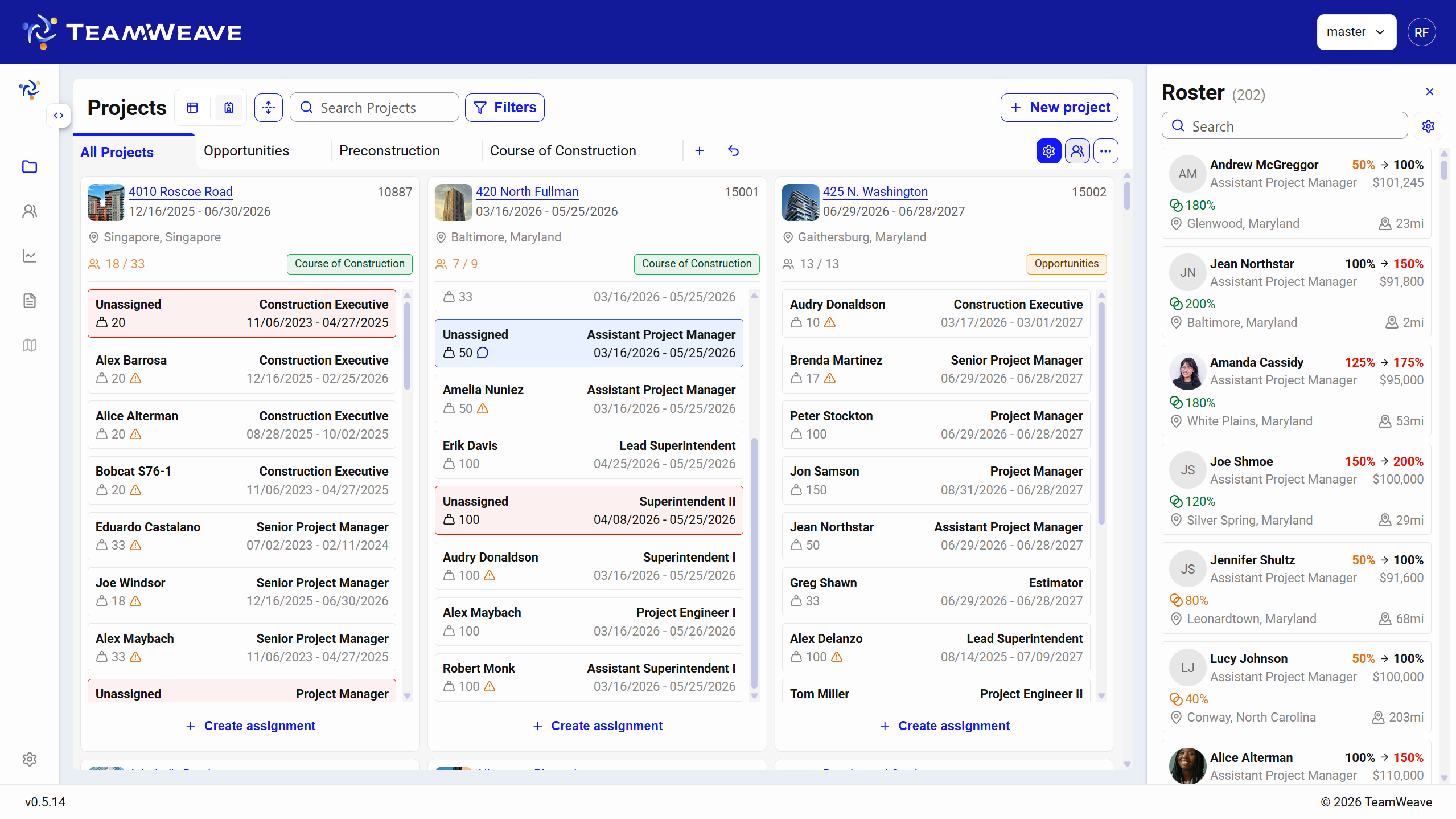 TeamWeave scenario planning — a projects board with a live resource roster panel.