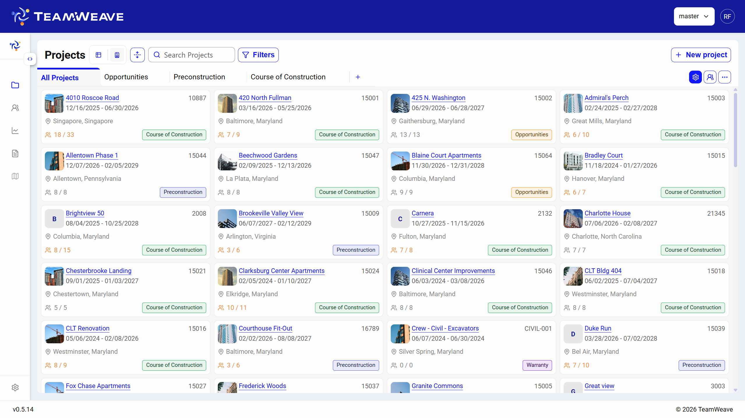TeamWeave card view — roster of resources with per-person utilization.