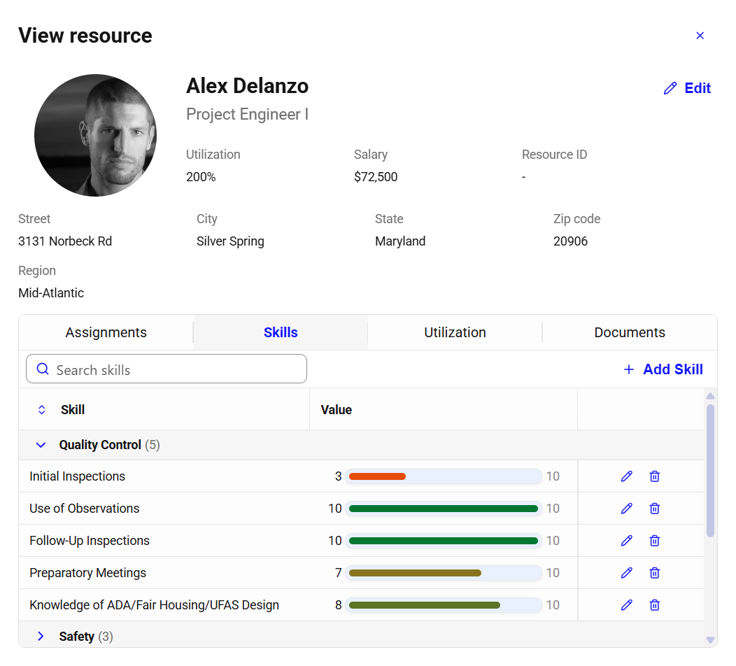 TeamWeave skills modal — competency and role tracking per resource.