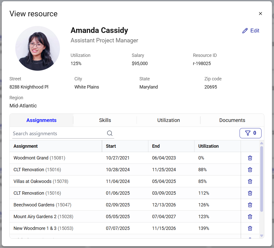 TeamWeave resource profile — assignments, skills, utilization, and documents for one person.
